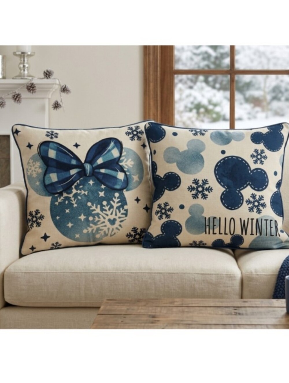 Winter Blue and White Holiday Decor with Mouse Ears Snowflakes Pillow Covers 4pc